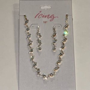 Icing Gold Tone & Rhinestone 16” Necklace & Dangle Earring Set